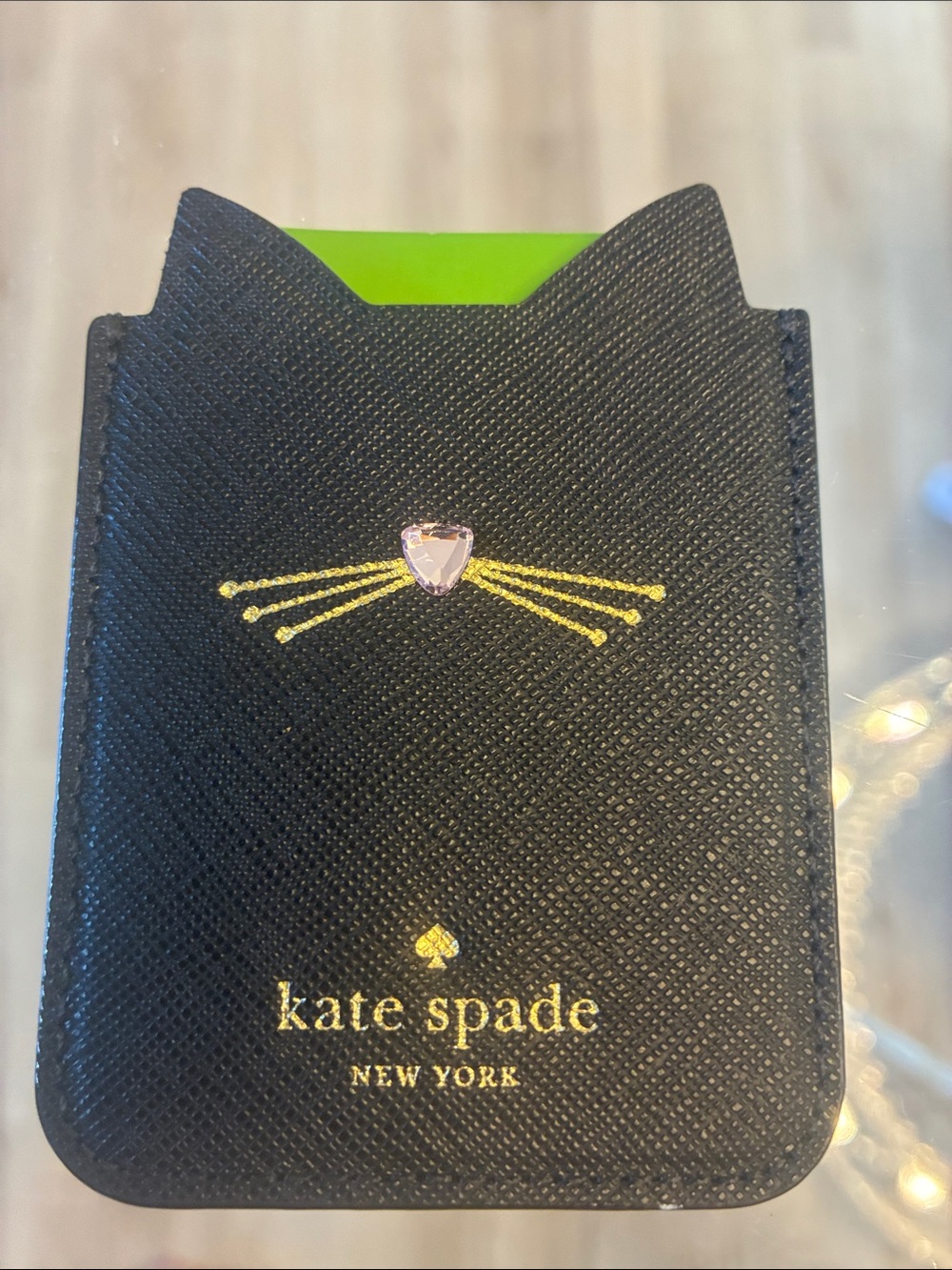 kate spade Black Cardholder with Pink Gem and Gold Whiskers